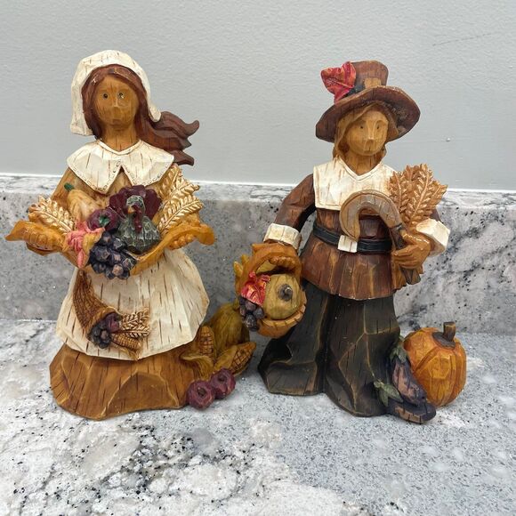 Pair of 8" Resin Cubist Style Pilgrims Thanksgiving Decor Fall Harvest Pumpkins - Picture 9 of 9